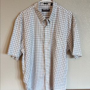 Kirkland Signature Men's White and Navy Plaid Shirt